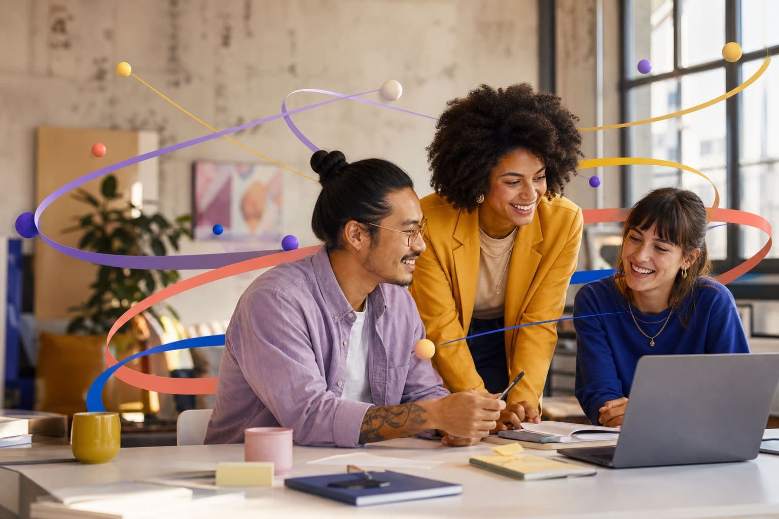 A diverse team collaborating on product, app, and talent introductions