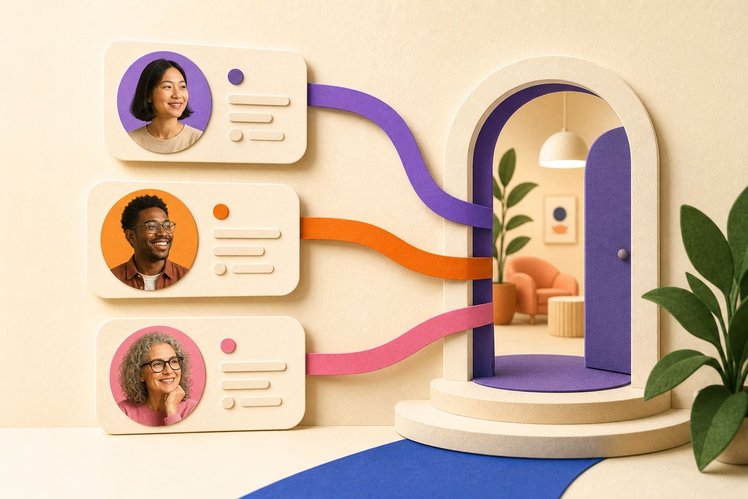 Candidate profiles connected to an open office door
